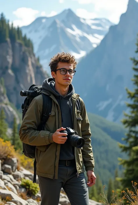 a teen age men without beard carry a camera in mountain with glasses in close range 

