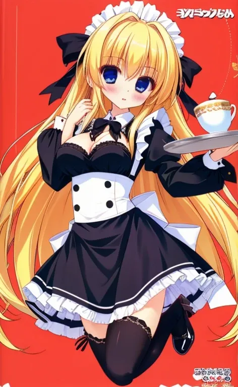 Beautiful long blonde　Embarrassing　Girl in black maid outfit　Long sleeve　Long skirt　Small breasts　living　full body　With a tray in hand