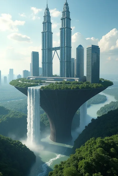 futuristic kuala lumpur twin towers on a floating island, there is a river and a waterfall on the island, the water falls down, below there is a thick forest and a river, view from above