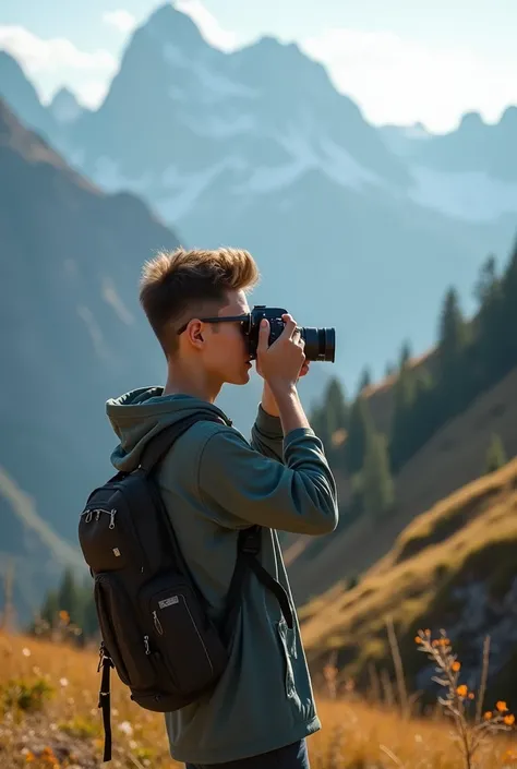 a teen age men without beard carry a camera in mountain with glasses in close range click photo 

