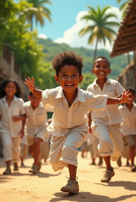 Create an image with children playing capoeira in Bahia happily wearing white shirts and pants 