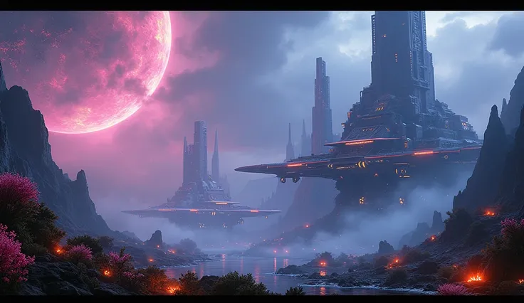 a futuristic settlement on an unknown planet, surrounded by glowing nebulae and alien flora, cinematic dramatic lighting, highly detailed, 8k, photorealistic, concept art style, vivid colors, vibrant neon lights, advanced architecture, floating structures,...