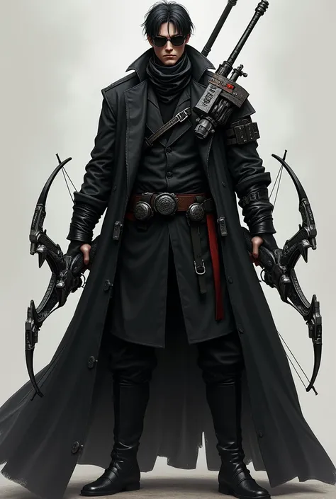 Anime - Pintura de estilo de um homem em A detailed digital illustration of a male monster hunter, wearing all black clothing including a long black coat, black hair, and black sunglasses. He is holding two crossbows, one in each hand, and has two medium-s...