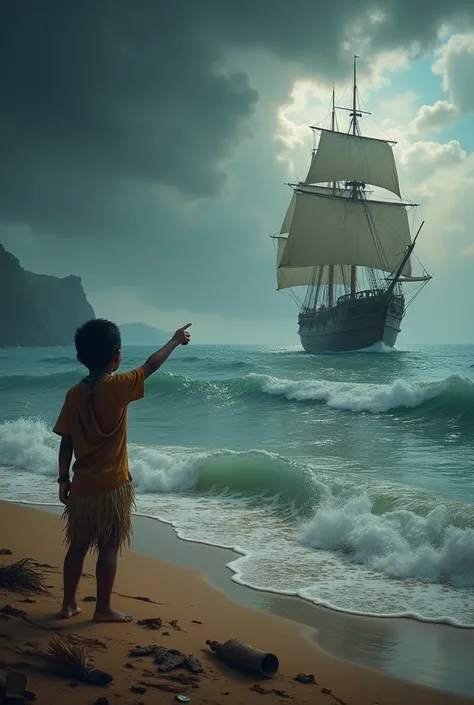 Recreates the scene of Christopher Columbus arriving in America, but from the perspective of an indigenous child who points at the boats with his finger as he watches them approach the beach, There is a storm at sea and everything is dark and gloomy, On th...