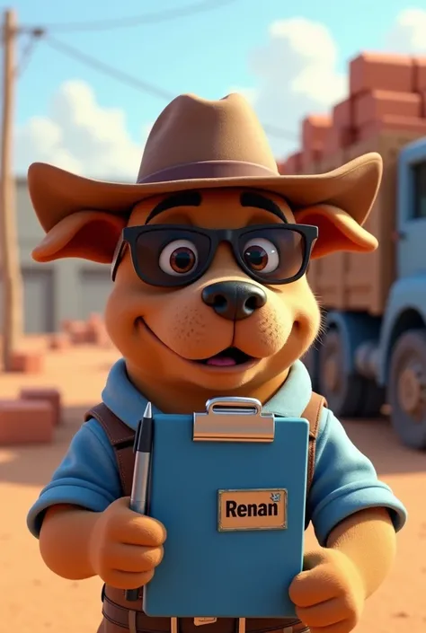 Light brown pitbull dog, Light brown eyes, Black sunglasses, brown cowboy hat, shirt blue, badge with name Renan, using blue clipboard and blue pen. Truck with bricks in the background in an open yard, 4K, Disney  style. 