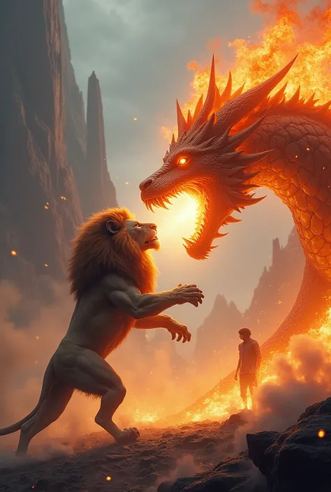 A lion fights a fire dragon, and an alien stands watching.