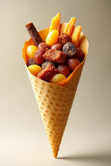 A cone with potatoes and a variety of meats in a single cone 