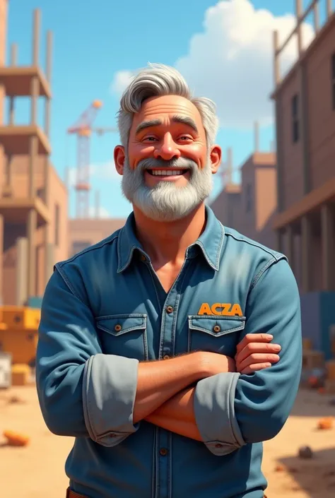 A Disney Pixar style image, of a 50 year old man, straight and gray hair, white skin and beard. He wears a denim shirt, com um leve sorriso. is on a construction site and has his arms crossed. on the shirt it says ACZA on one of the pockets