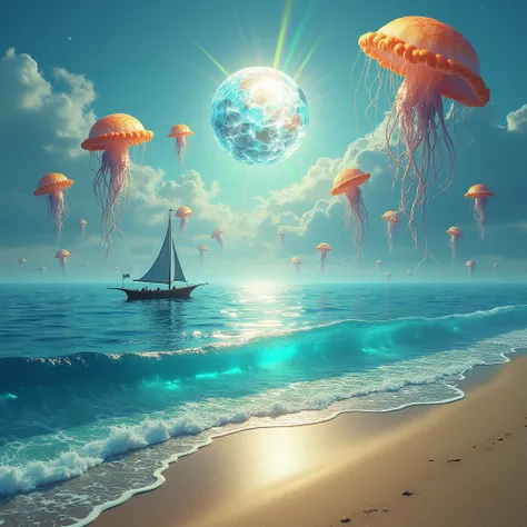 An endless ocean where the waves are made of glass, crashing silently onto a shore of shimmering, golden sand. The horizon is filled with colossal, floating jellyfish, their tentacles trailing down to touch the surface of the glassy water. The sun is an en...