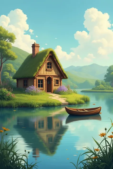 Storybook background with a little house on a lagoon