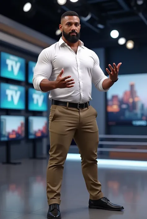 There is a muscular, bearded, mixed-race Brazilian man in a white dress shirt, Khaki Pants, Bulge, bulging volume marking the pants, black shoe, side view, looking at a cameraman, gesturing, in a TV news, in a large journalism studio of a TV channel.