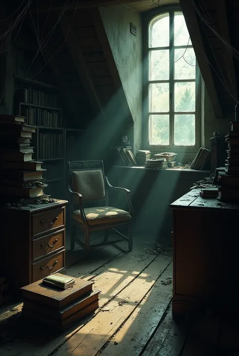 attic of a house with several books and dusty furniture, gloomy appearance. 