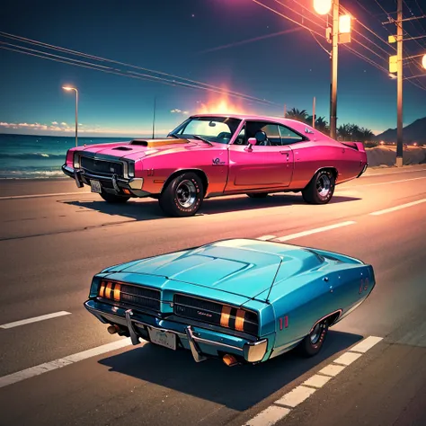 1970 charger in pink racing a 1978 firebird in black with gold trim at night on a Beach road.