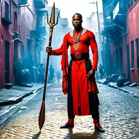 A powerful depiction of Exu, represented as a strong Black man with a commanding presence. He is dressed in a striking combination of black and red attire, symbolizing his dual nature and connection to both the and spiritual worlds. Exu stands at a mystica...