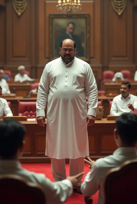 Standing Position Cirminal Political Leader Who Wear White Kurta And Opposition Leaders Sitting In Parlement Blaming Bad Accuse This Political Leader In Parlement  in Photo 