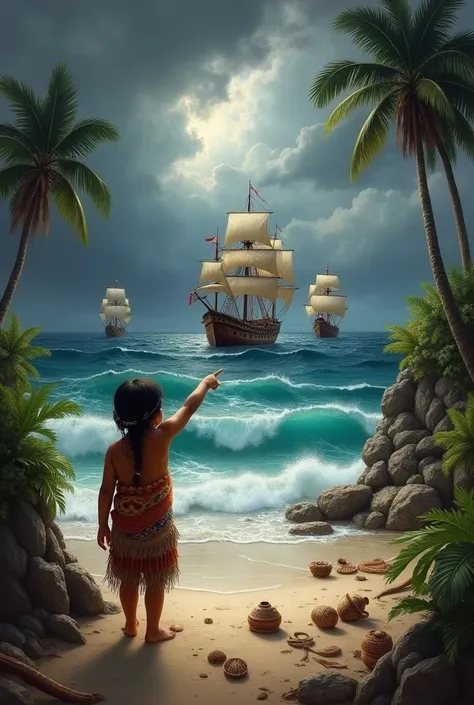 Recreates the scene of Christopher Columbus arriving in America with his three ships, the girl paints it and the santa maria, but from the perspective of an indigenous child in indigenous clothing who points to the boats with his finger as he watches them ...