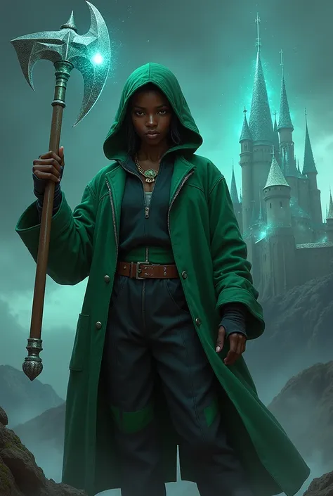 Person with dark skin, Green coat with hood over head, Black pants with green stripes holding a diamond pickaxe with sparkle castle background dark background all realistic 