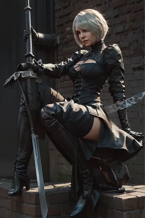 A woman in black clothes is sitting on a brick wall with a sword, 2b, 2b ..., 2B Nier Automata, Magnificent and elaborate character art, Nier Automata 2b, 2b ... from nier automata, Amazing character art, nier 2b ..., Jan J, Raymond Swanland&#39;s style, D...