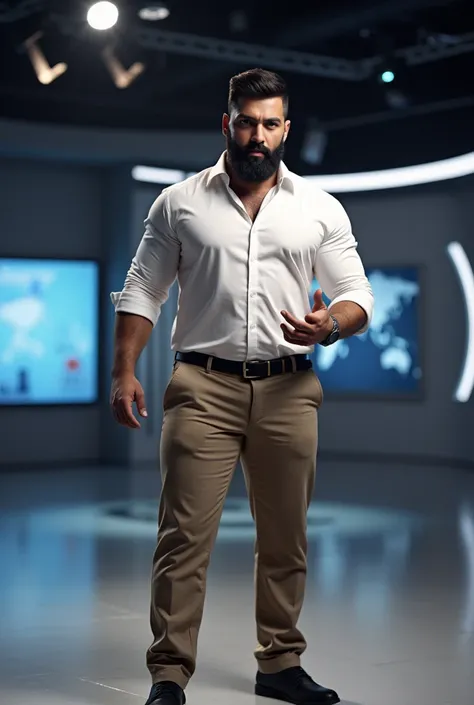 There is a muscular, bearded, mixed-race Brazilian man in a white dress shirt, Khaki Pants, Bulge, bulging volume marking the pants, black shoe, side view, looking at a cameraman, gesturing, in a TV news, in a large journalism studio of a TV channel.