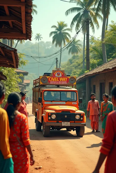 generate an image of an announcement jeep going through a traditional kerala village and people are looking at the jeep