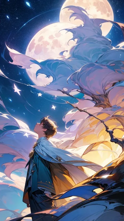 A boy standing near a huge tree, gazing up at a bright full moon, surrounded by twinkling stars, wispy clouds drifting by, dreamy atmosphere, enchanting lighting