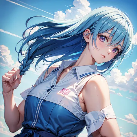 Sky blue hair、Braided Short Hair、Pink Eyes、Fair skin、whole body、sports festival、School、Ground、Schoolの体操服、masterpiece、Highest quality、Very detailed、Best Shadow、Detailed Background、Beautifully detailed face、High Contrast、Best lighting、Very delicate and beaut...