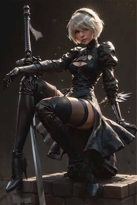 a woman in black clothes is sitting on a brick wall with a sword, 2b, 2b ..., 2b nier automata, magnificent and elaborate charac...