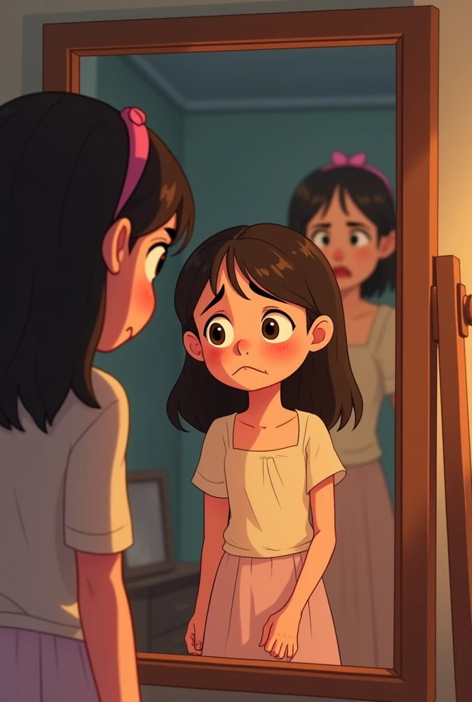 A girl looking sadly in the mirror while her mother scolds her (animated for children)