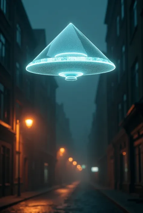 A transparent triangular UFO flying over a dark street