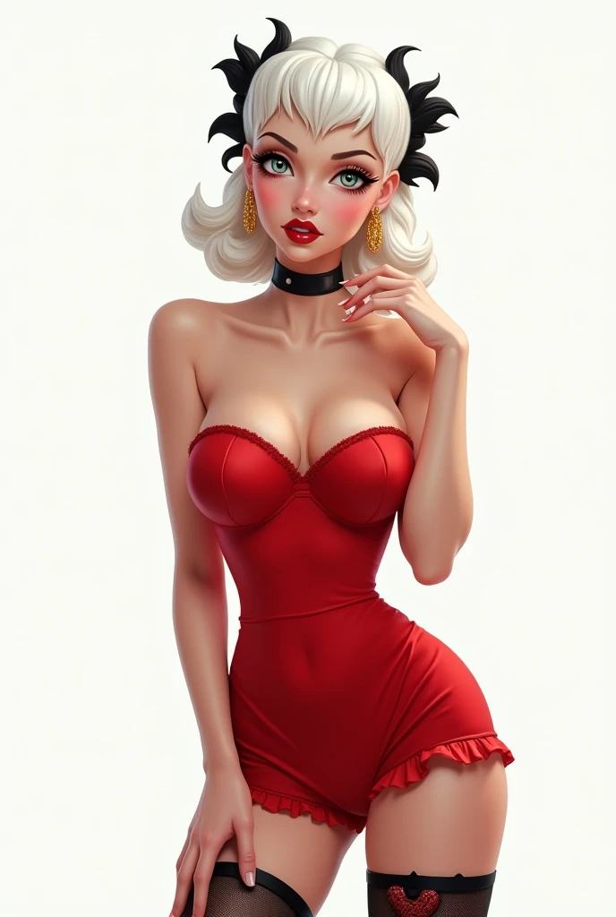 a white-haired woman,She will have a hairstyle like Betty Boop&#39;s,I want her wearing a red strapless dress like Betty Boop&#39;s,I want that black thigh thing that Betty Boop has with a little heart,I want her with gold earrings,I want her to pose reall...