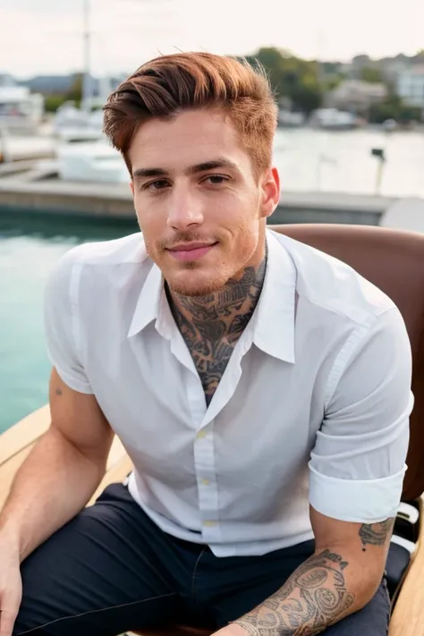 Best Quality,4k,8k,High resolution,masterpiece:1.2),ultra detailed man 2,handsome young man, brown perfect face,, Sweet ,perfect lighting taken 2021 man with tattoo on neck deep navy blue button down shirt sitting in chair masculine man white skinned man s...