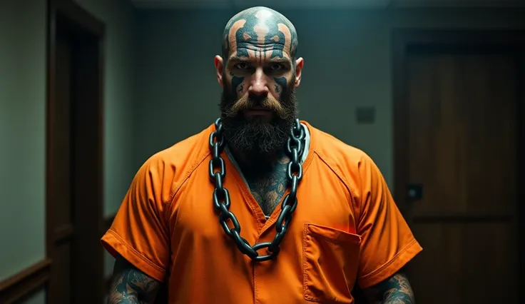 man in orange prison clothes, all tattooed, even on his face, bearded, with his head all tattooed in court and chains around his neck, very thick, and that the image is clearer, scenario