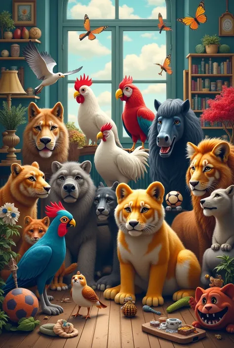in one room there are blue ferry, a white seagull, a red parrot, a red liver bird, a blue rooster, a gray horse, a red tree, a dark blue lion, a yellow hammer, a red tiger, a yellow lion, There is a bee, a soccer ball, a fox, a white horse, and a black wol...