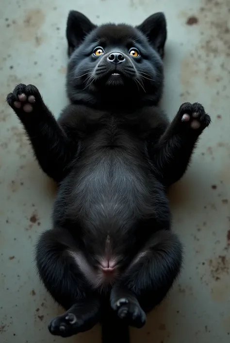 Black Akita puppy with a swollen abdomen in a position with his back against the floor and looking up