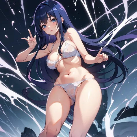 Nino:Blue long hair,She has big breasts and is wearing tight, wet white panties and a tight, wet black bra.,she is standing putting her fingers inside her vagina,Anime 8k