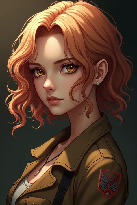 A thin woman, with strawberry blonde hair. She has amber eyes, a nose and a thin mouth. Her hair is in wavy swavy curls. She is to appear in the style of the shingeki no kyiojin season 3 anime.
