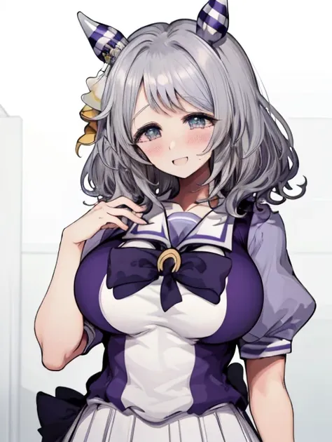 (((masterpiece))), ((Highest quality)), 1 person, One Woman, alone,Glowing Skin,(Bust Shot),(Motsuaki), hishi miracle, horse ears, hair ornament, horse tail, tracen school uniform, purple shirt, puffy short sleeves, white skirt, white thighhighs, Gray Hair...