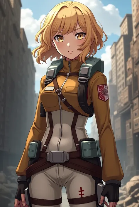 A thin woman with strawberry blonde hair. She has amber eyes, a nose and a thin mouth. Her hair is in wavy swavy curls. She is a member of the Exploration Battalion from the anime Attack on Titan. His hair is short. Her chest is small. She has three-dimens...