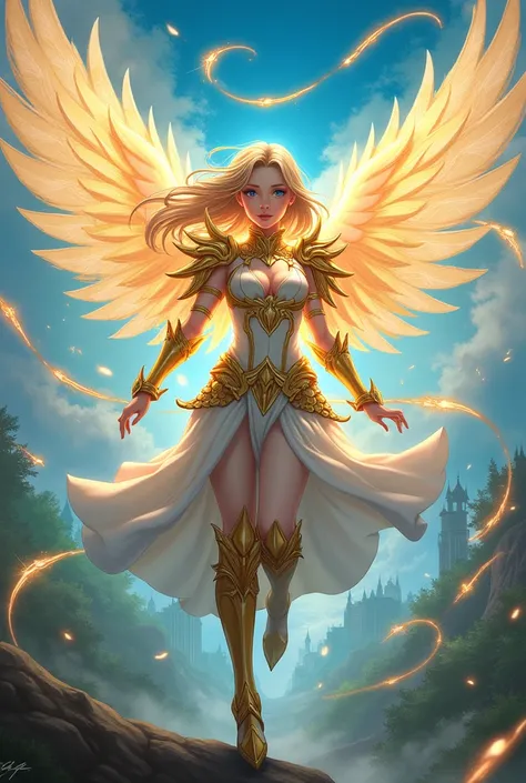 Aurelia, the Blade of the Legion, stunning anime character, ethereal angelic figure, dazzling golden armor adorned with intricate patterns, sprawling translucent wings glowing with radiant light, powerful stance exuding strength, surrounded by swirling mag...