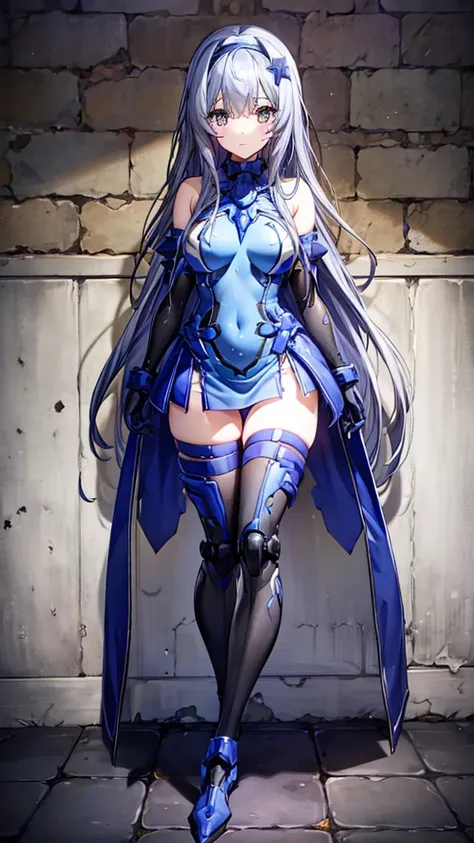 ((full body)),teenage girls in anime, blue and grey metal armor, blue hand and thigh accessories, short dark blue-gray hair, hai...