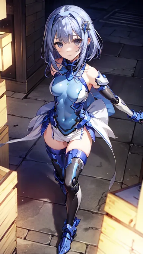 ((full body)),Teenage Girls in Anime, Blue and grey metal armor, Blue hand and thigh accessories, Short dark blue-gray hair, hair accessory, Grey Eyes, Silver earrings, nose, Curious, Healthy Skin, Very dirty, head, shoulder, Small box, arms, Have a map, N...