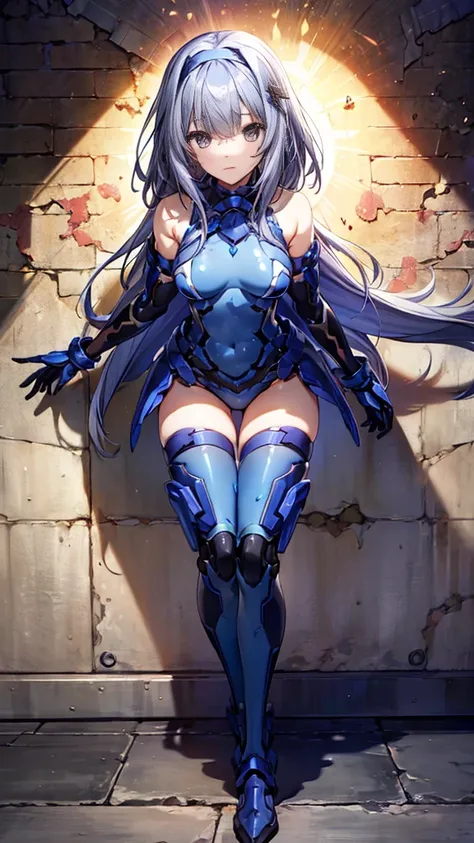 ((full body)),teenage girls in anime, blue and grey metal armor, blue hand and thigh accessories, short dark blue-gray hair, hai...