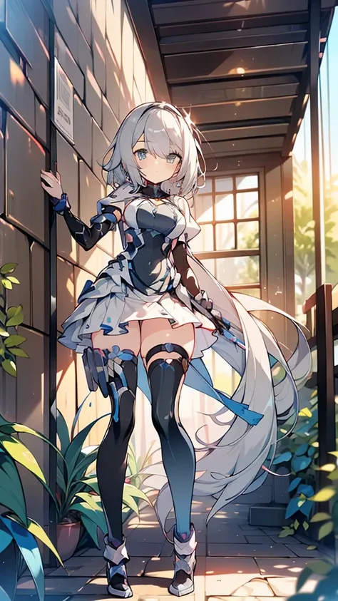 ((full body)),Teenage Girls in Anime, Blue and grey metal armor, Blue hand and thigh accessories, Short dark blue-gray hair, hair accessory, Grey Eyes, Silver earrings, nose, Curious, Healthy Skin, Very dirty, head, shoulder, Small box, arms, Have a map, N...