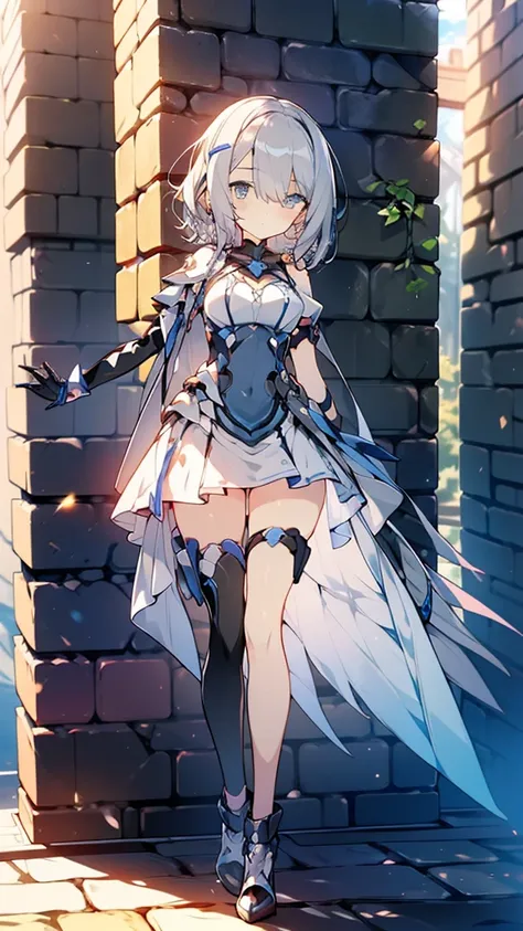 ((full body)),Teenage Girls in Anime, Blue and grey metal armor, Blue hand and thigh accessories, Short dark blue-gray hair, hair accessory, Grey Eyes, Silver earrings, nose, Curious, Healthy Skin, Very dirty, head, shoulder, Small box, arms, Have a map, N...