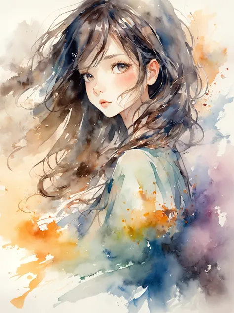 absurdres, highres, ultra detailed, (1girl:1.3), kawaii
BREAK
 expressive brush strokes, ink wash, gradation, , poetic atmosphere, delicate balance, fluid motion