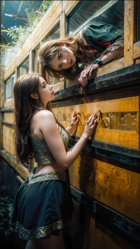 intricate detailed portrait of a beautiful young woman gazing out window of a rustic wooden cabin, medieval fantasy village, lus...