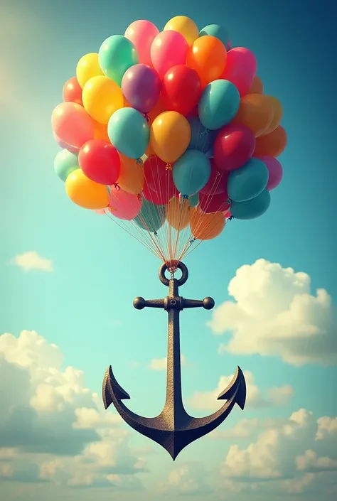 Hundreds of colorful balloons lifting a heavy anchor high into the sky. The anchor represents burdens and limitations, while the balloons symbolize joy, lightness, and the ability to rise above challenges. The sky is bright and sunny, full of hope and poss...