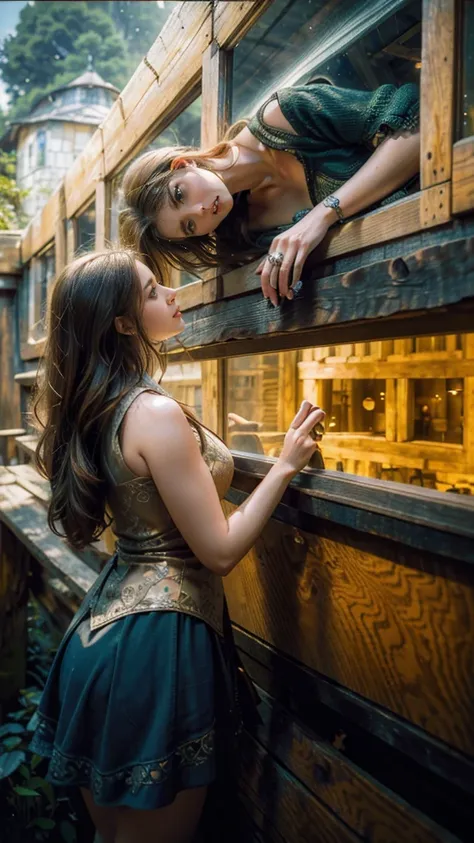 intricate detailed portrait of a beautiful young woman gazing out window of a rustic wooden cabin, medieval fantasy village, lus...