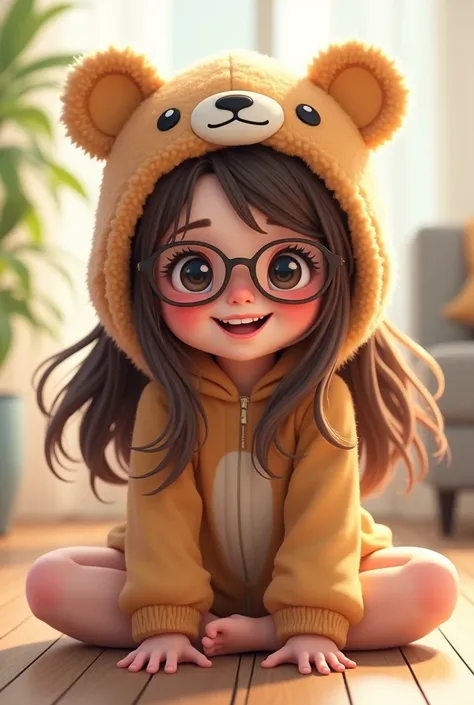 , babe, fly away, with rosy cheeks, long brown hair,  eyes black, Grinning, sitting on the floor, with teddy bear cap and glasses