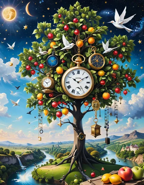 A photorealistic painting of a surrealistic landscape. A fruit tree with keys instead of fruits hanging from its branches is on the left. A river of pocket watches flows on the right. An origami bird flies in the sky. In the center there is a celestial obs...